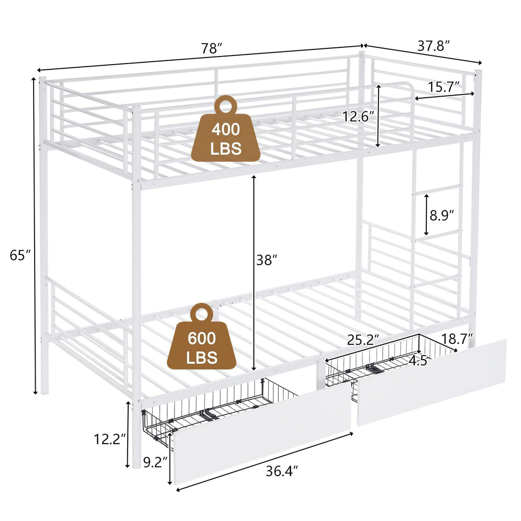 Heavy Duty Metal Bunk Bed Frame with 2 Storage Drawers