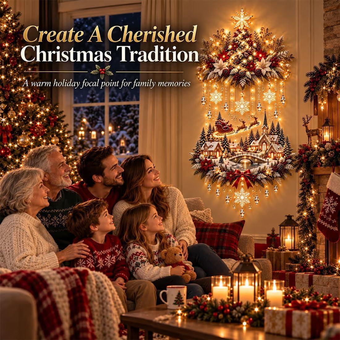 Illuminated Christmas Tree & Village Wall Hanging,Warm Light Holiday Decor