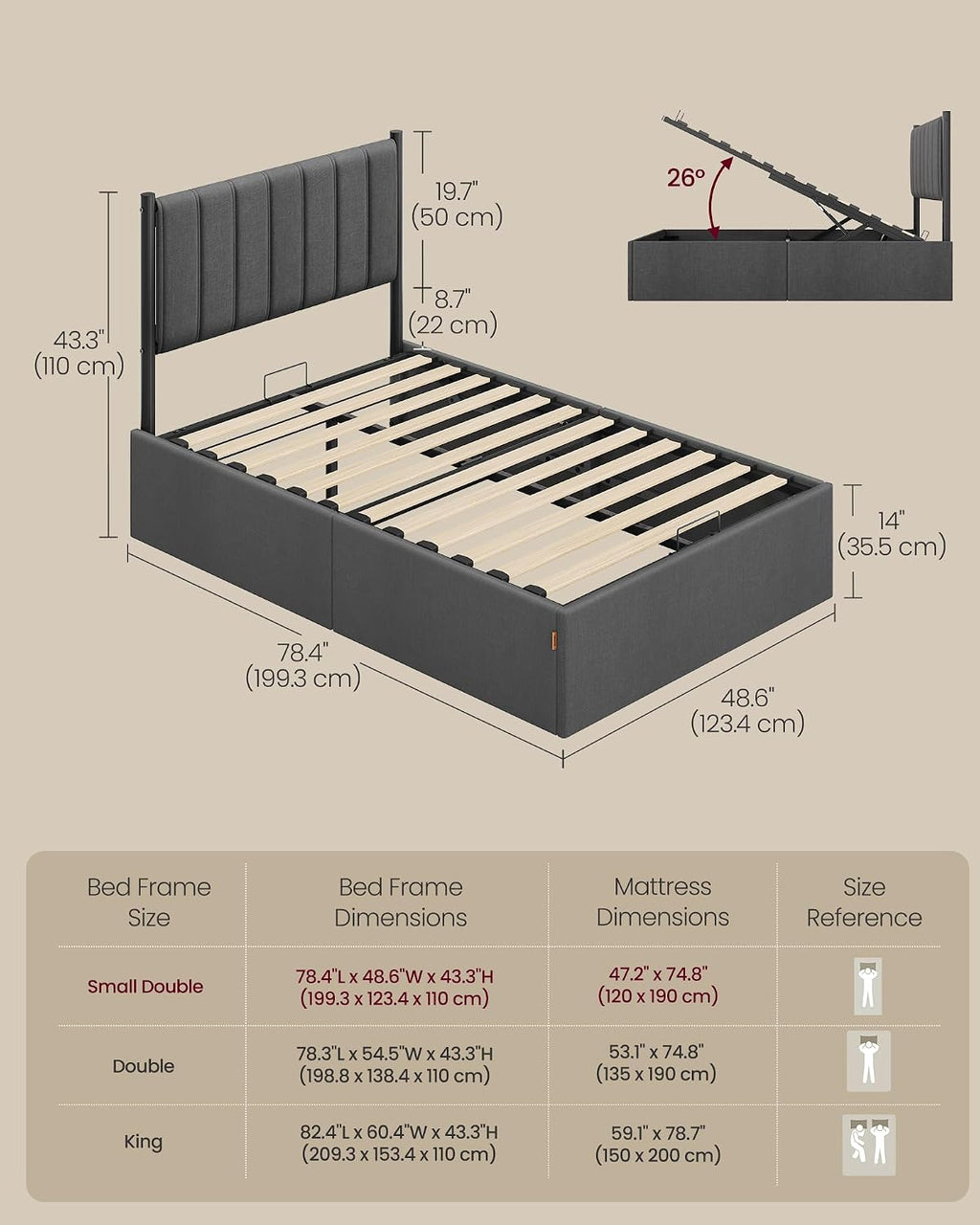 Ottoman Bed Frame with Lift-Up Storage | Hydraulic Lift | Upholstered Headboard | Double & Small Double