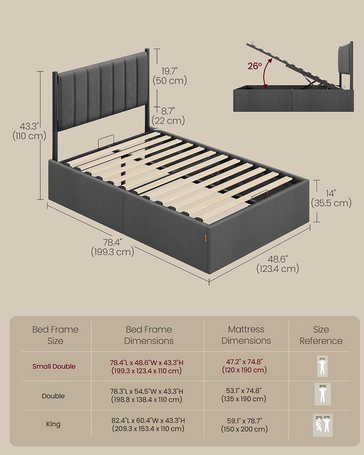 Ottoman Bed Frame with Lift-Up Storage | Hydraulic Lift | Upholstered Headboard | Double & Small Double