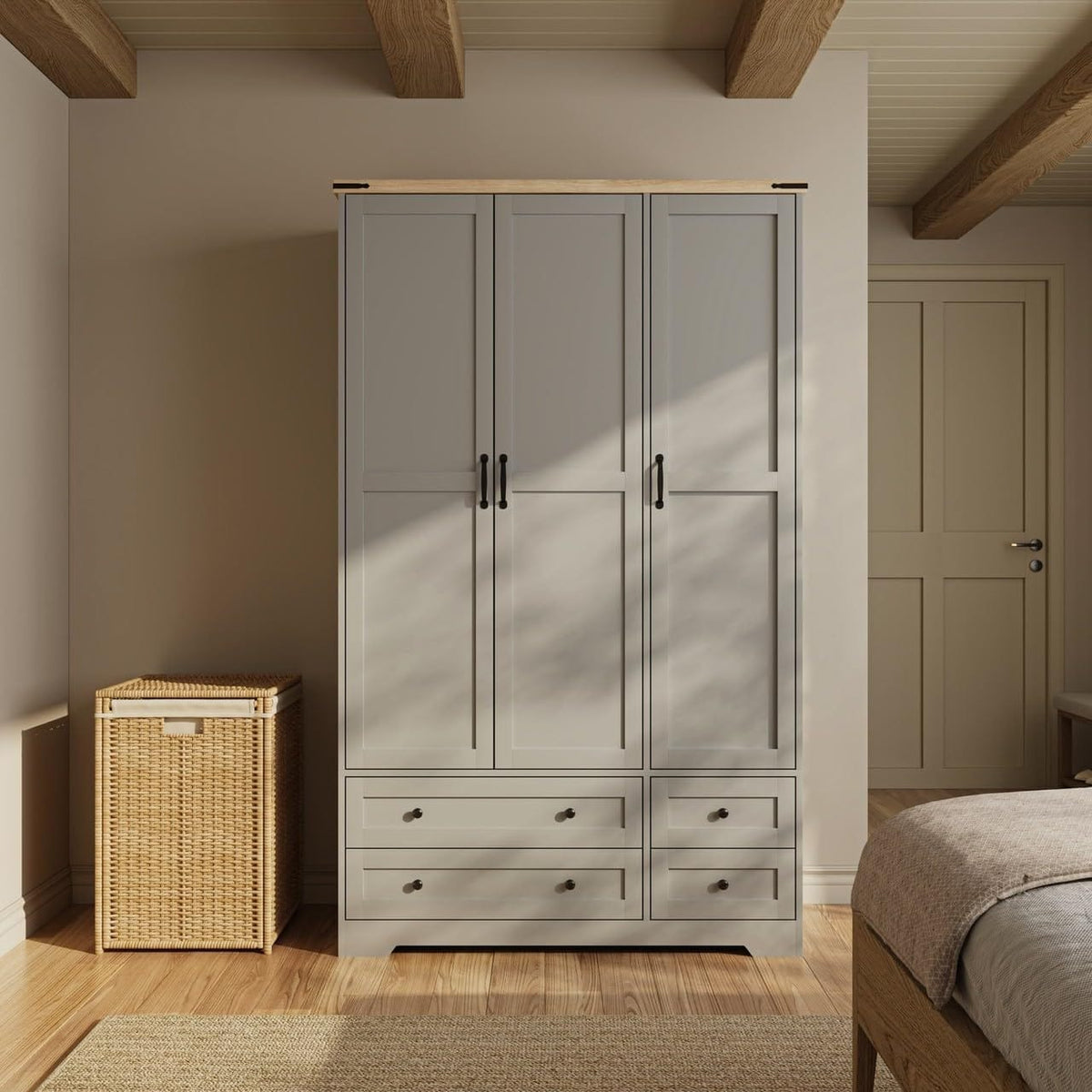 Shano Wardrobe with 3 Doors & 4 Drawers | White, Black, Grey & Oak
