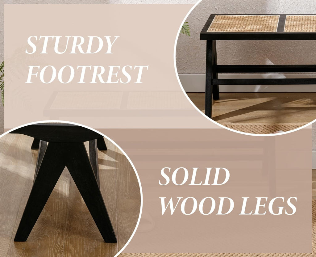 Shano Rattan Dining Bench | Solid Wood Frame | Woven Rattan Seat | Entryway Ottoman | 2 Colours