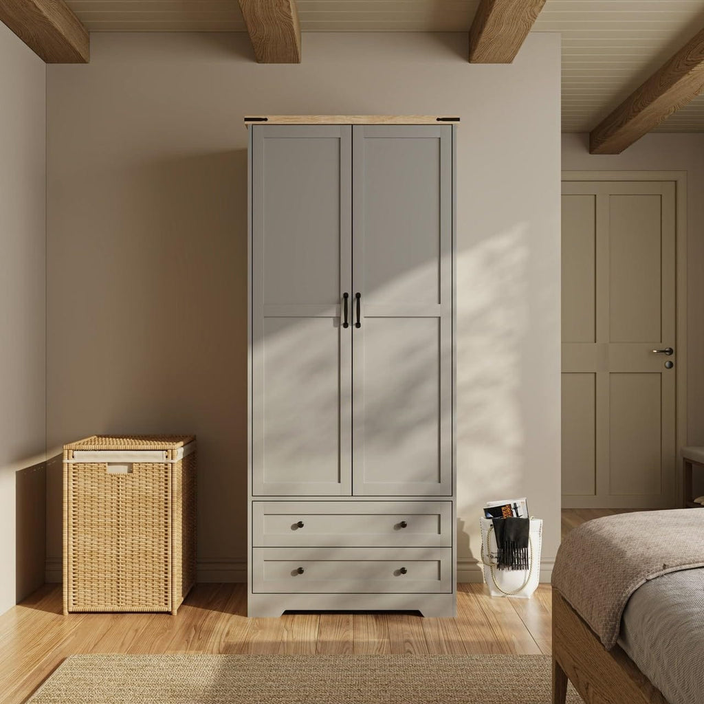 Shano Wardrobe with 3 Doors & 4 Drawers | White, Black, Grey & Oak