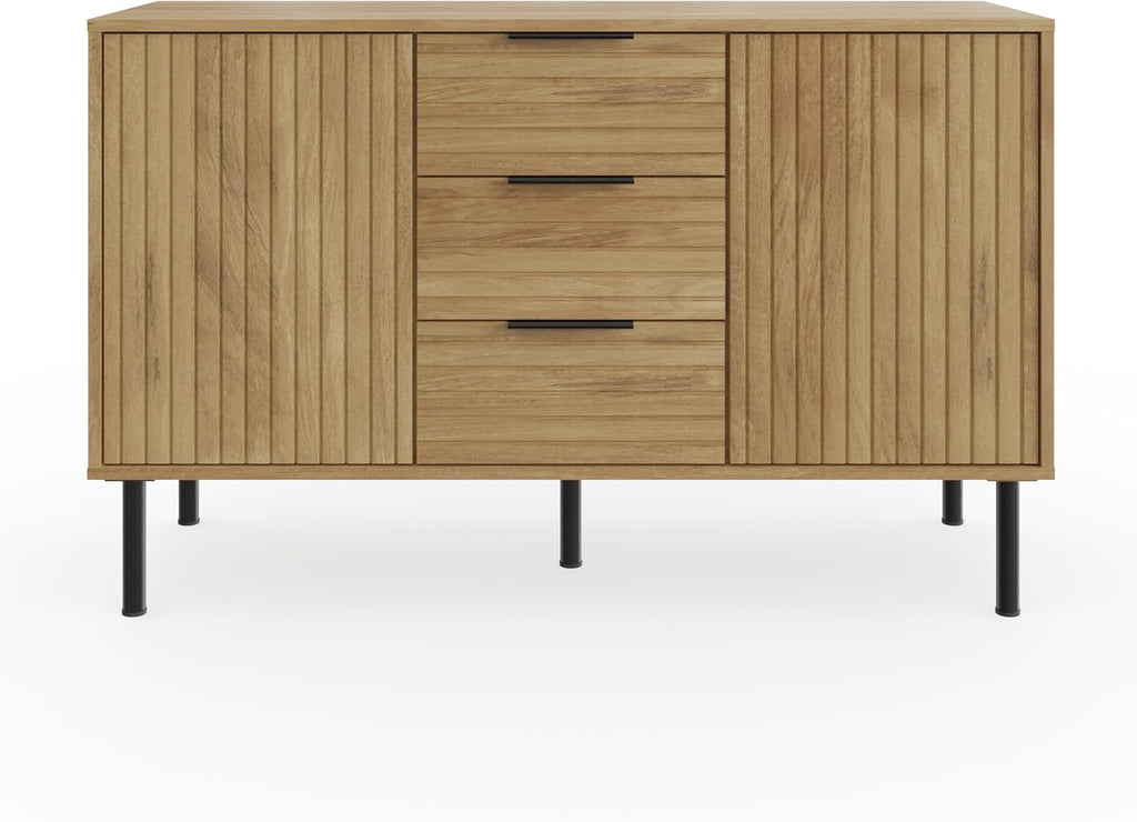 Art Deco Sideboard with 3 Drawers & 2 Doors | Wood Grain Finish | Brushed Metal Handles | Oak, Ivory & Black
