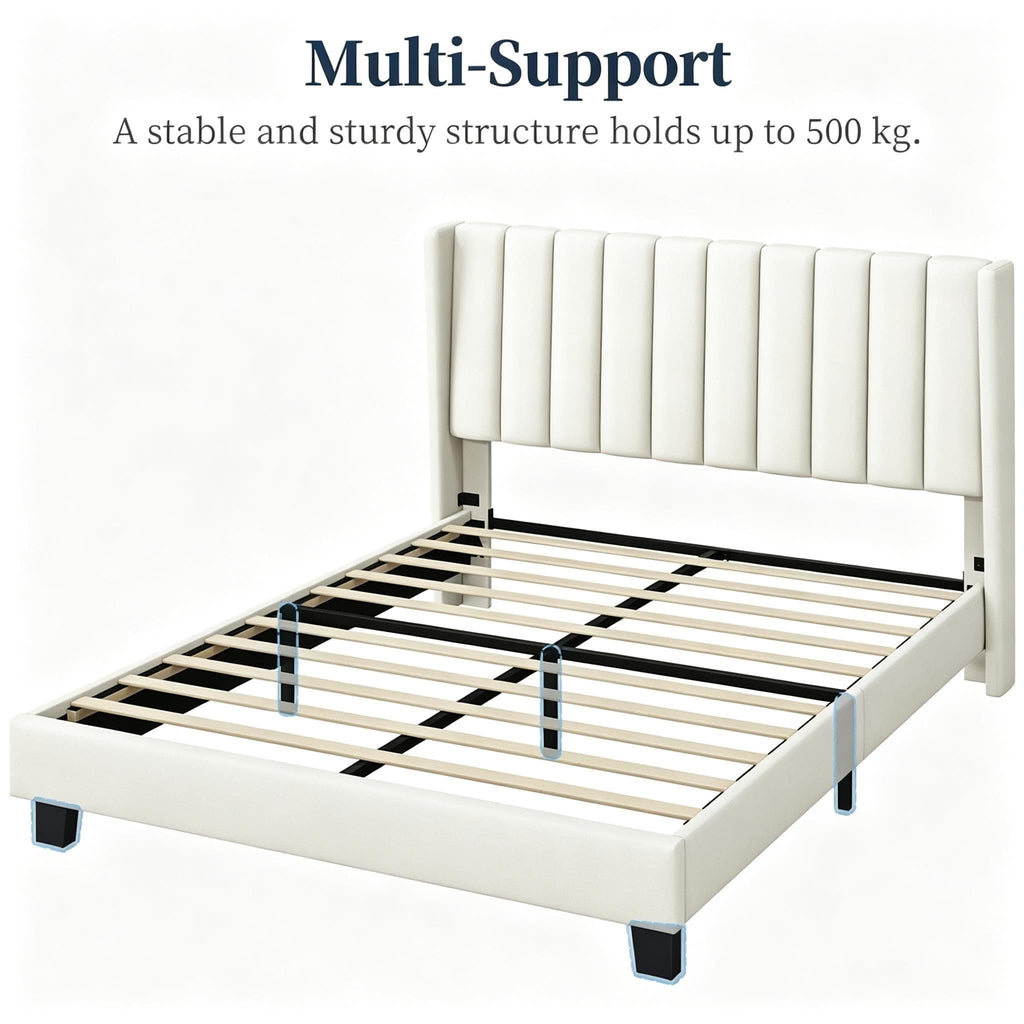 Shano Furniture Channel-Tufted Wing Bed Frame, Double, Beige