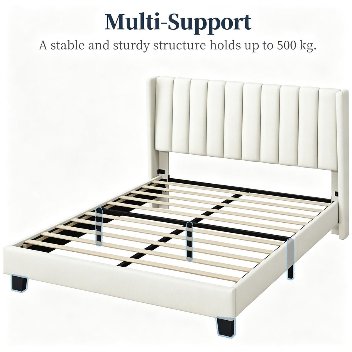 Shano Furniture Channel-Tufted Wing Bed Frame, Double, Beige