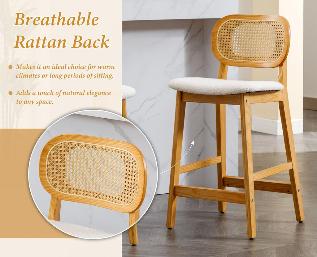 Shano Bar Stools Set of 2 | Rattan Backrest | Adjustable Height | PU Cushion | 4 Colours