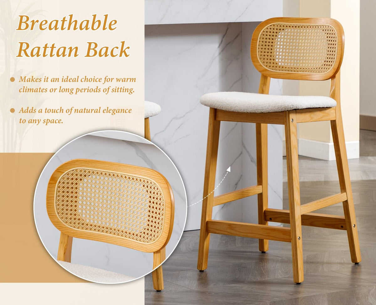 Shano Bar Stools Set of 2 | Rattan Backrest | Adjustable Height | PU Cushion | 4 Colours