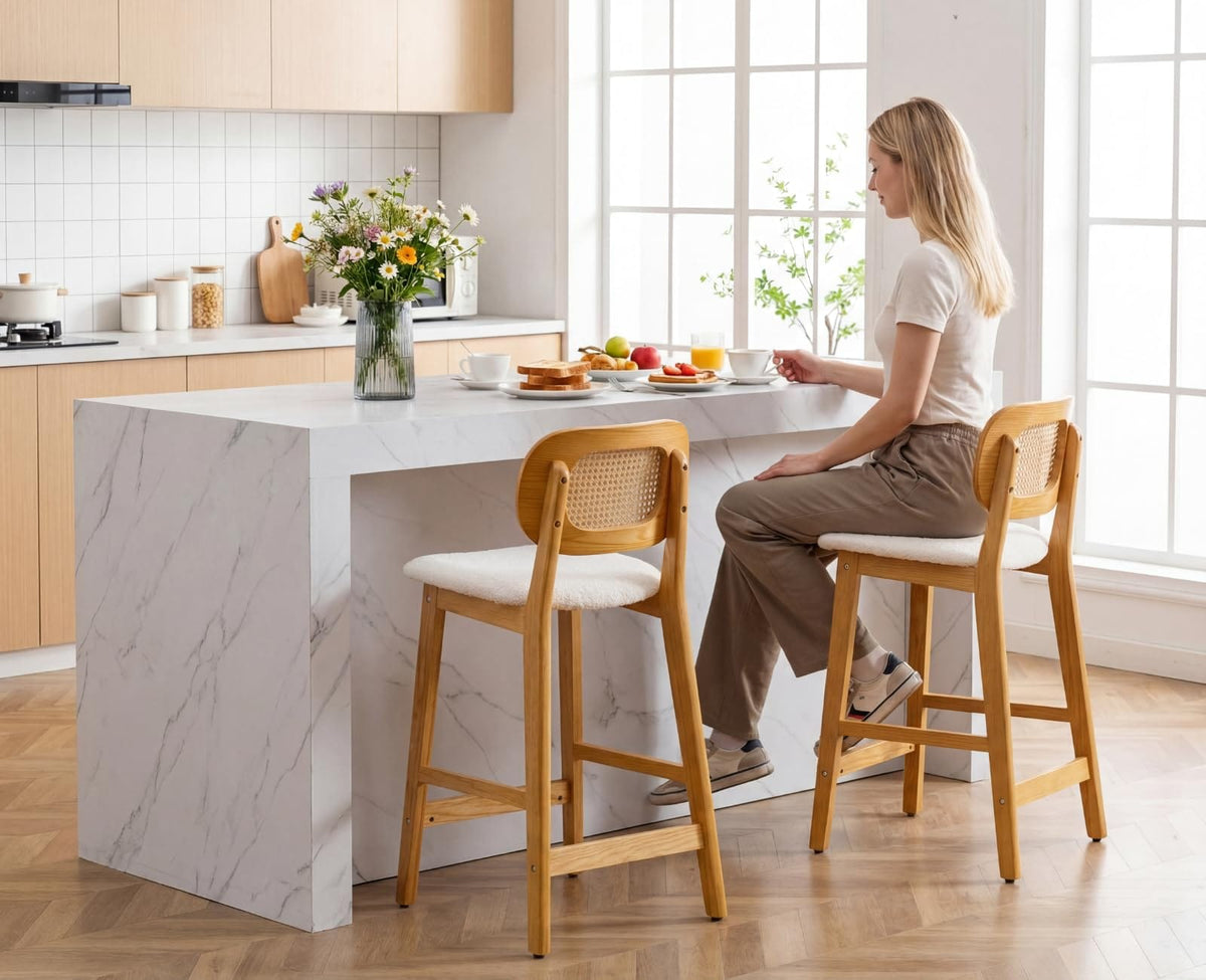 Shano Bar Stools Set of 2 | Rattan Backrest | Adjustable Height | PU Cushion | 4 Colours
