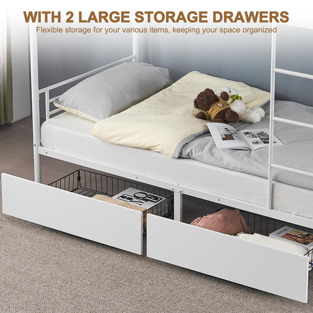 Heavy Duty Metal Bunk Bed Frame with 2 Storage Drawers