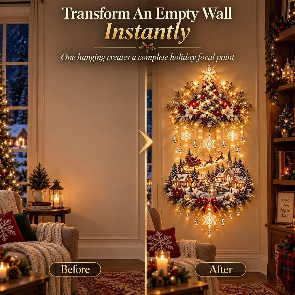 Illuminated Christmas Tree & Village Wall Hanging,Warm Light Holiday Decor