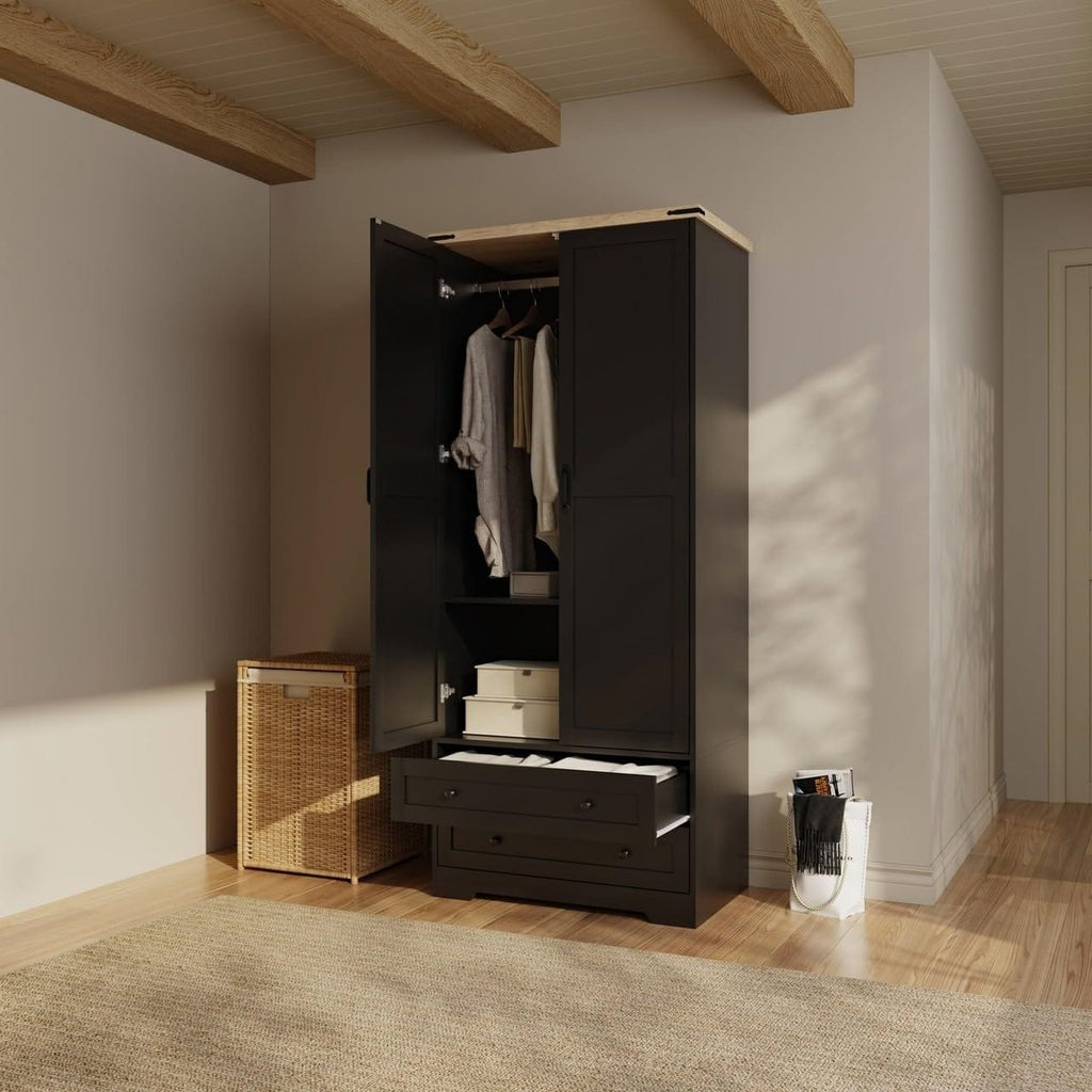 Shano Wardrobe with 3 Doors & 4 Drawers | White, Black, Grey & Oak