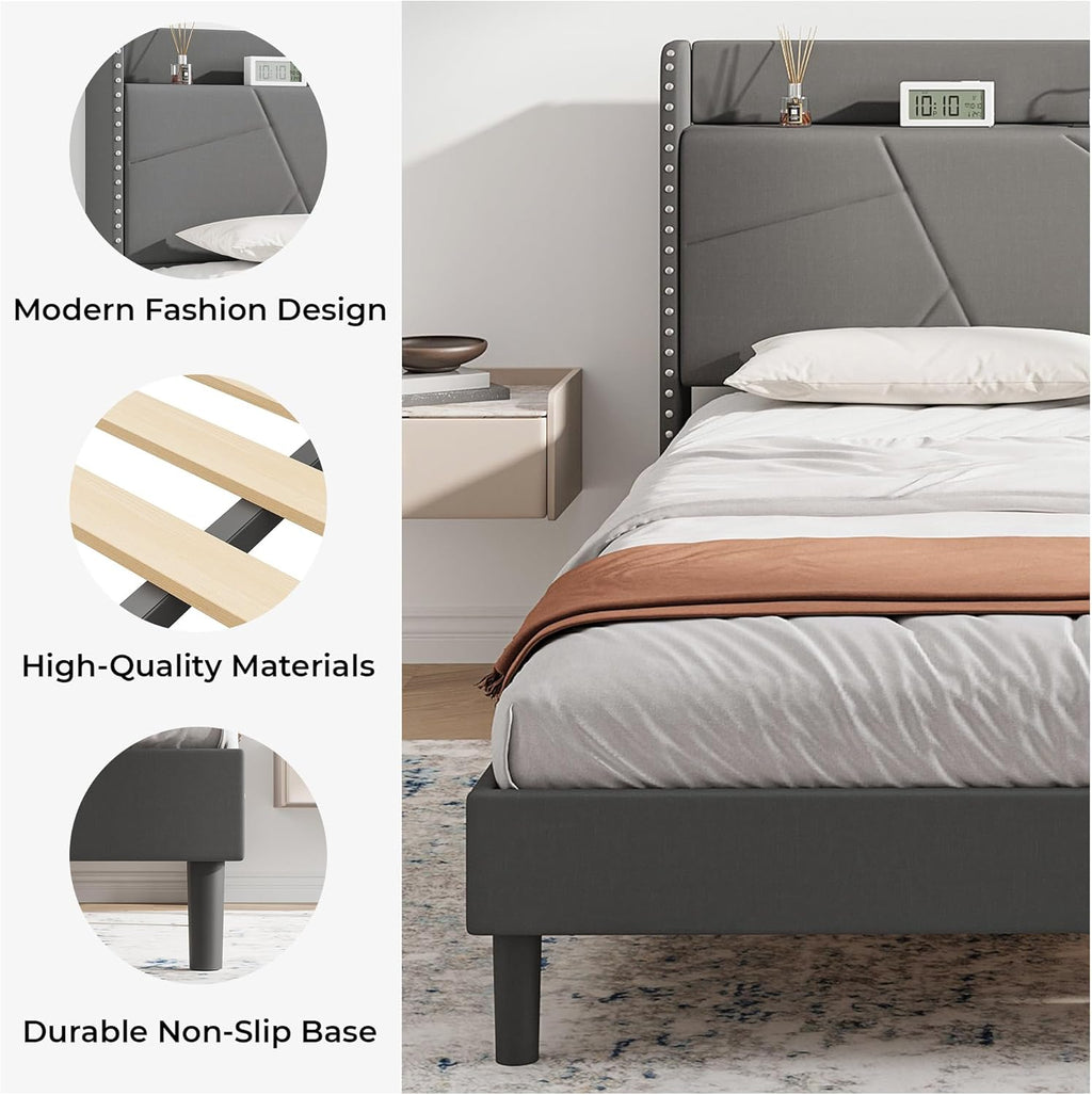 Upholstered Bed Frame with Built-In Charging Station | Linen Headboard | Storage | Single, Double & King