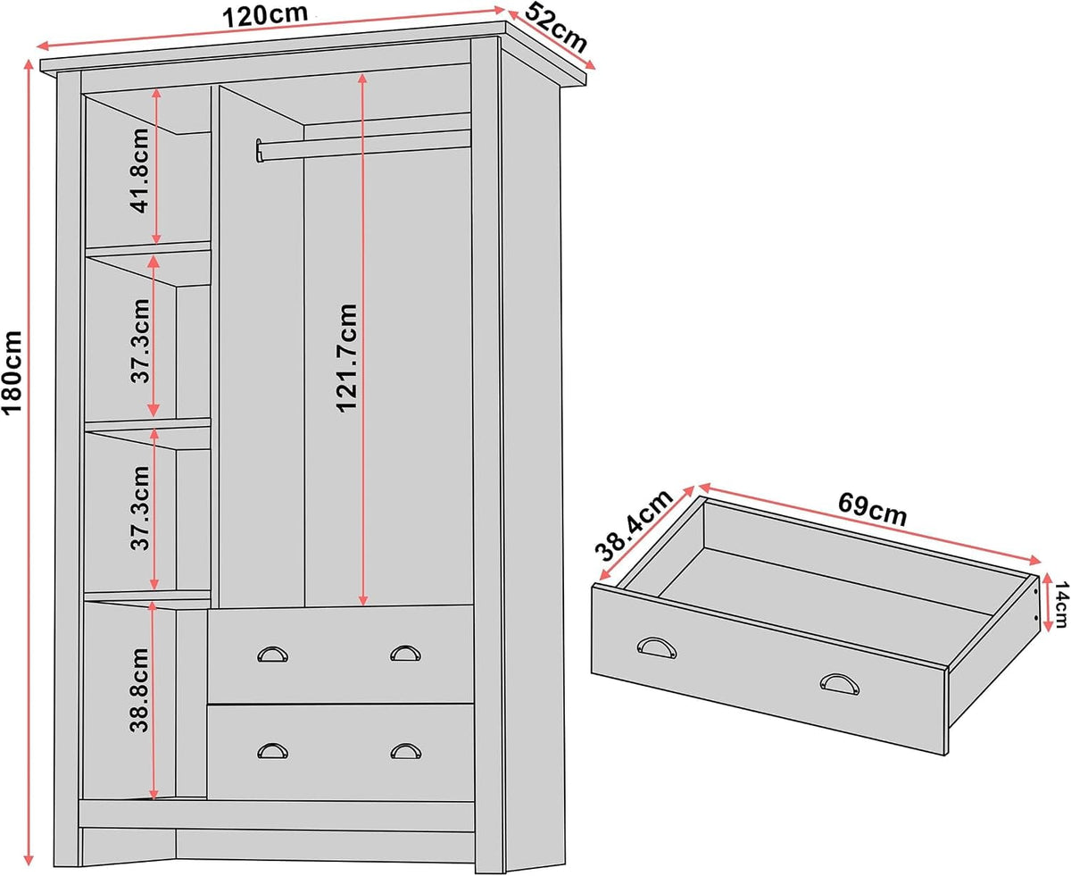 Shano 3 Door Wardrobe with Hanging Rail, 4 Shelves & 2 Drawers | White, Grey & Blue
