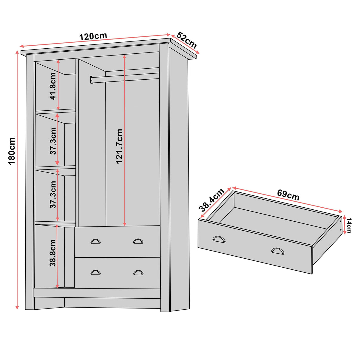 Shano 3 Door Wardrobe with Hanging Rail, 4 Shelves & 2 Drawers | White, Grey & Blue