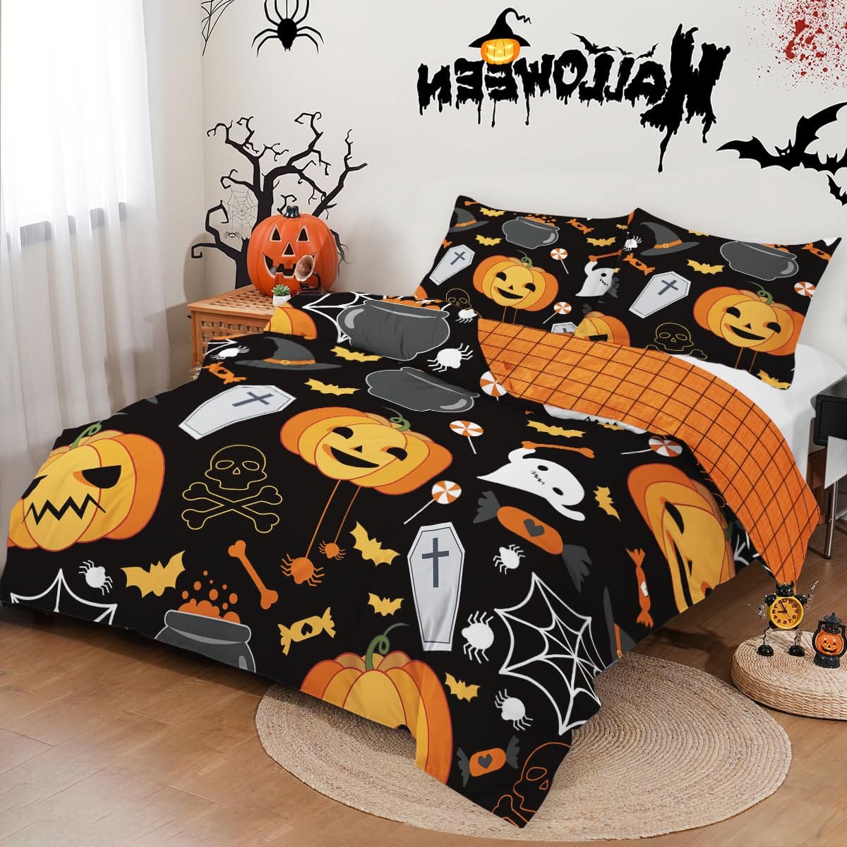 Halloween Duvet Cover Set 3 Pieces with Skull Pumpkin