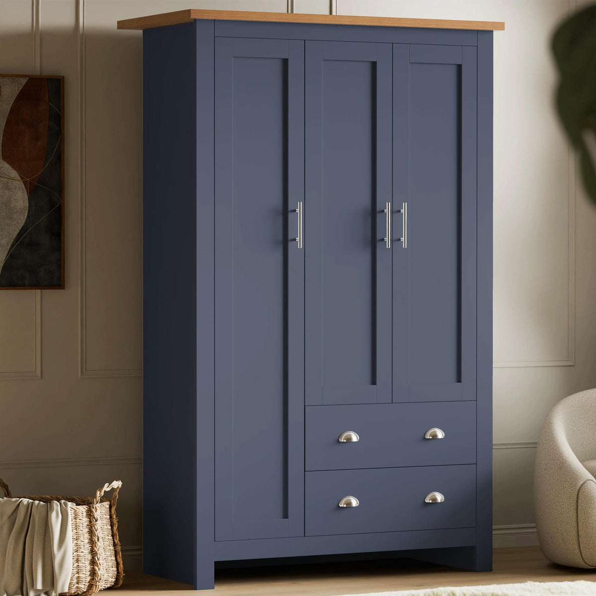 Shano 3 Door Wardrobe with Hanging Rail, 4 Shelves & 2 Drawers | White, Grey & Blue