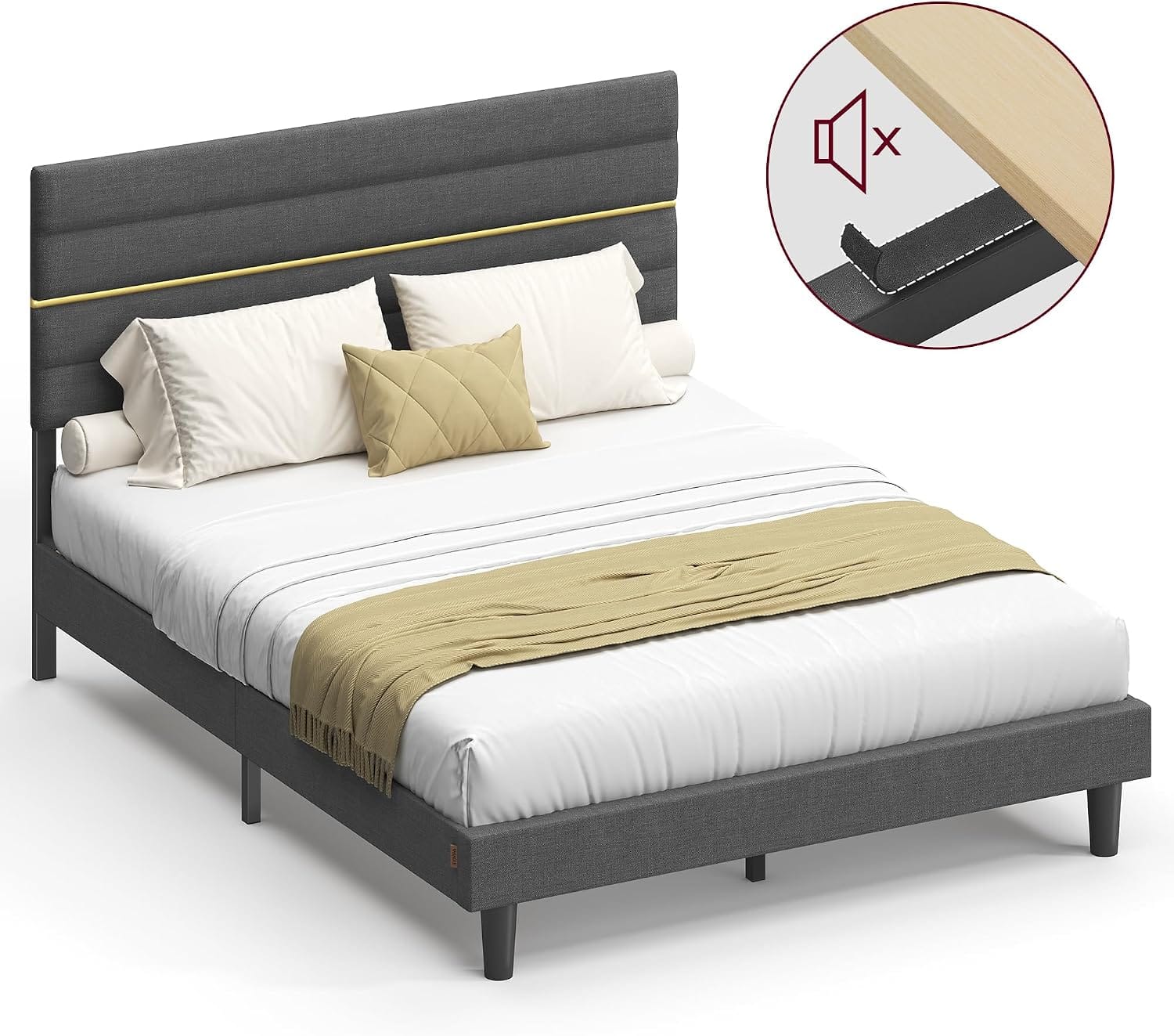 Upholstered Bed Frame | Adjustable Headboard | Metal Frame & Wooden Slats | Double & King