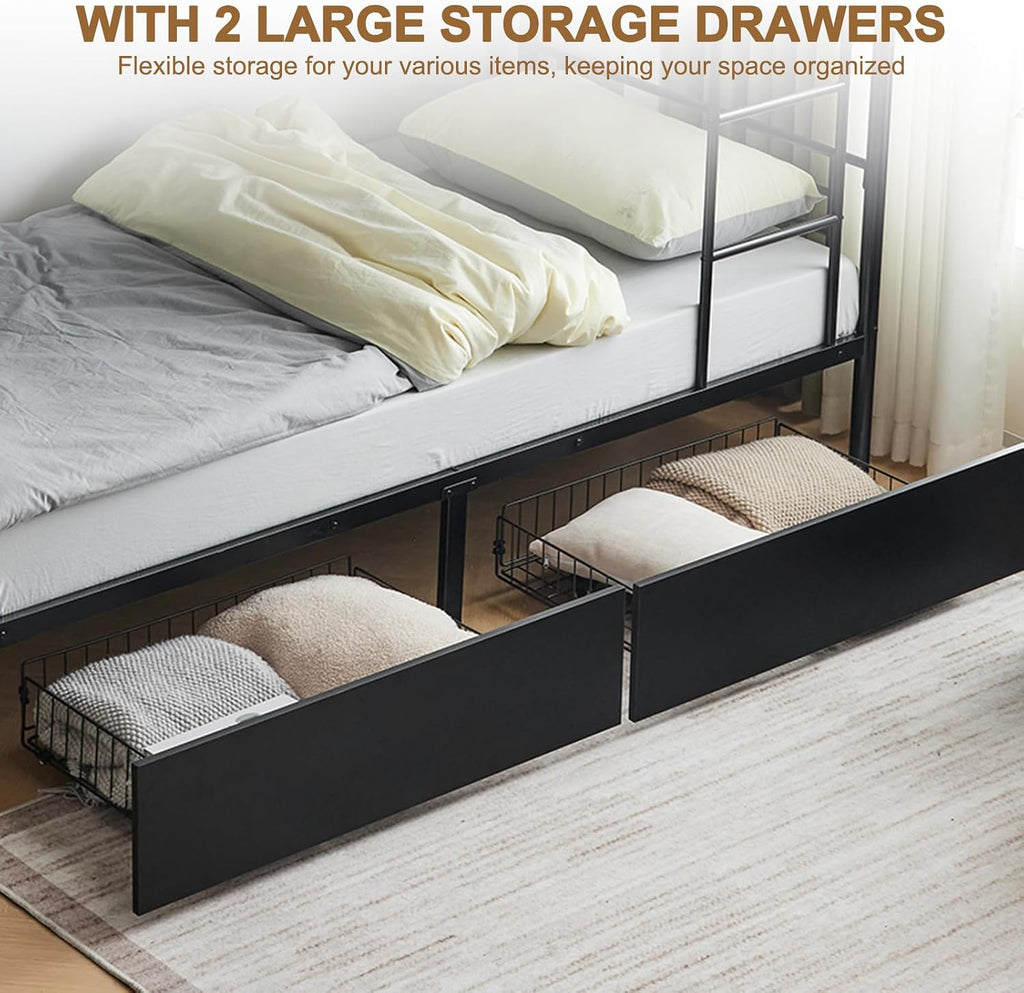 Heavy Duty Metal Bunk Bed Frame with 2 Storage Drawers