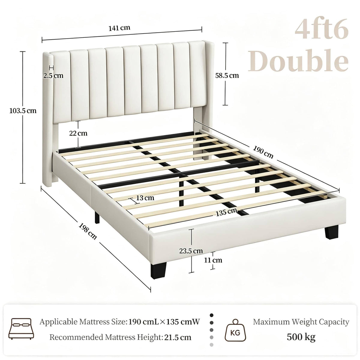 Shano Furniture Channel-Tufted Wing Bed Frame, Double, Beige