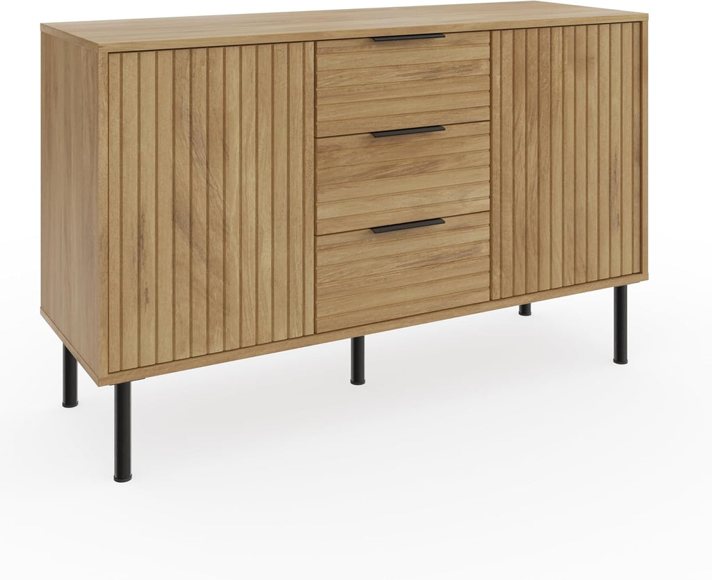 Art Deco Sideboard with 3 Drawers & 2 Doors | Wood Grain Finish | Brushed Metal Handles | Oak, Ivory & Black