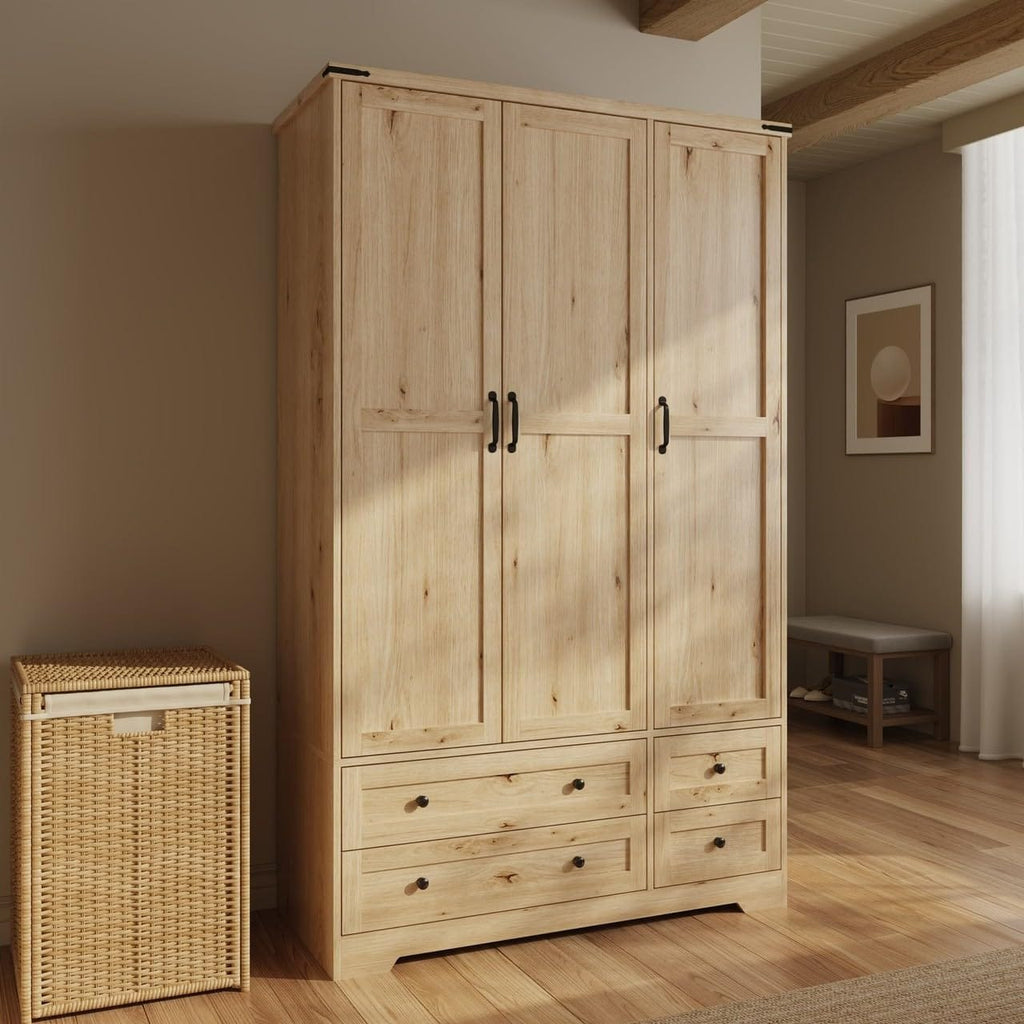 Shano Wardrobe with 3 Doors & 4 Drawers | White, Black, Grey & Oak