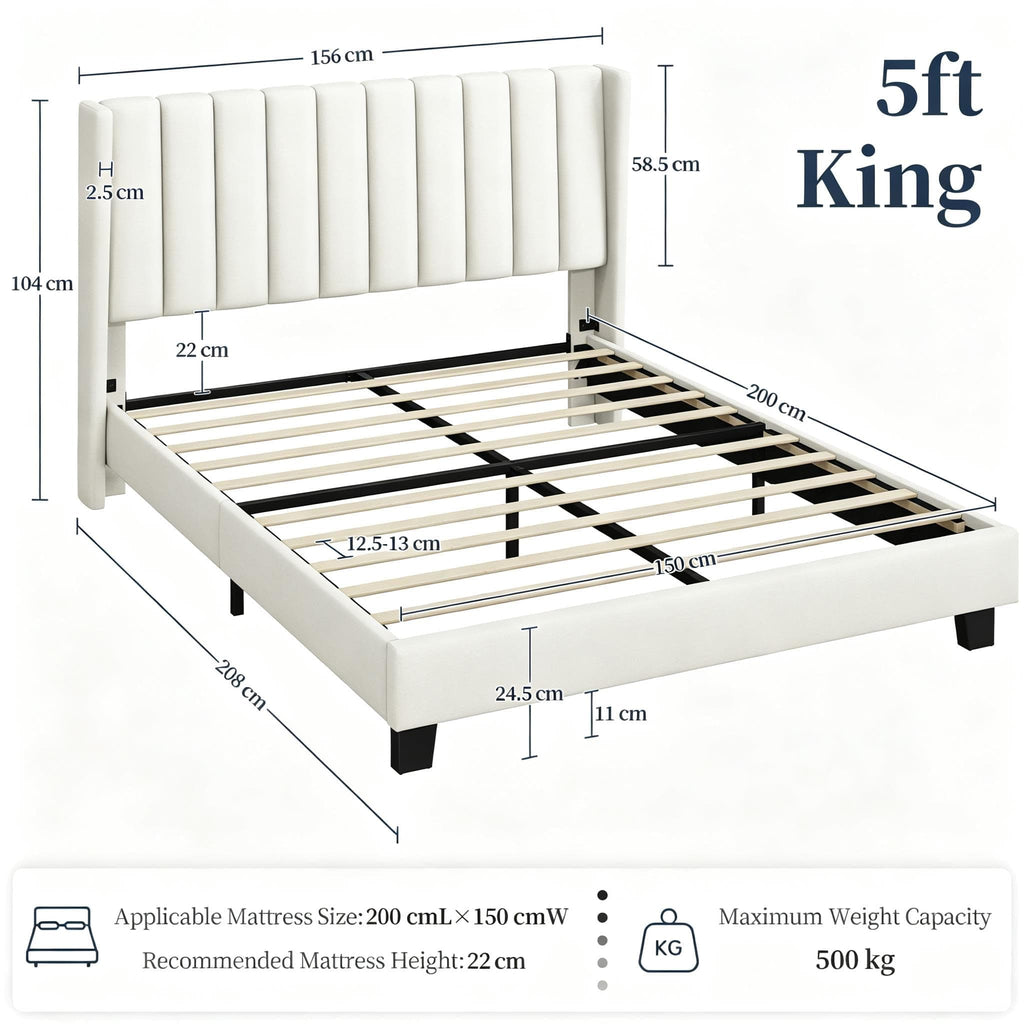 Shano Furniture Channel-Tufted Wing Bed Frame, Double, Beige