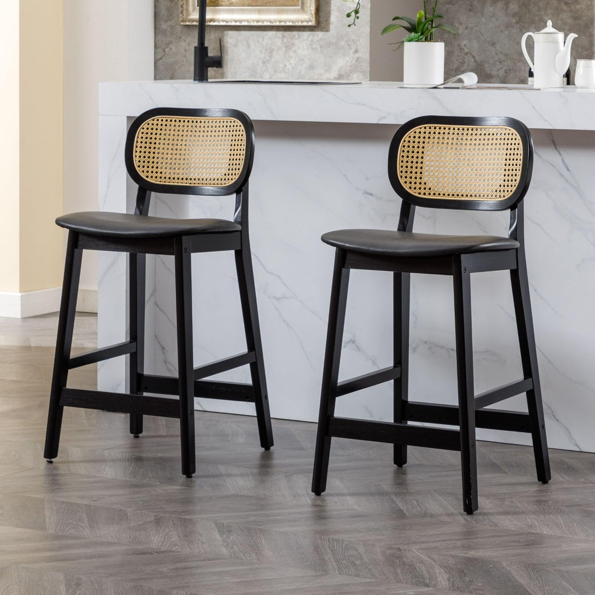 Shano Bar Stools Set of 2 | Rattan Backrest | Adjustable Height | PU Cushion | 4 Colours