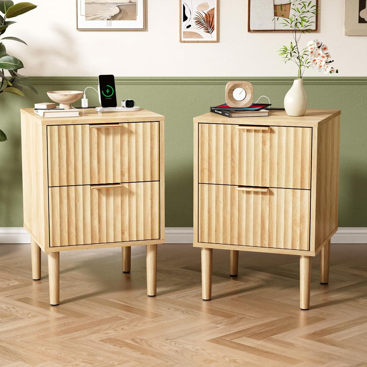 Smart Bedside Table with LED Lights & USB Charging | Fluted Design | 1 or 2 Pack | Oak, Gray Oak & Walnut