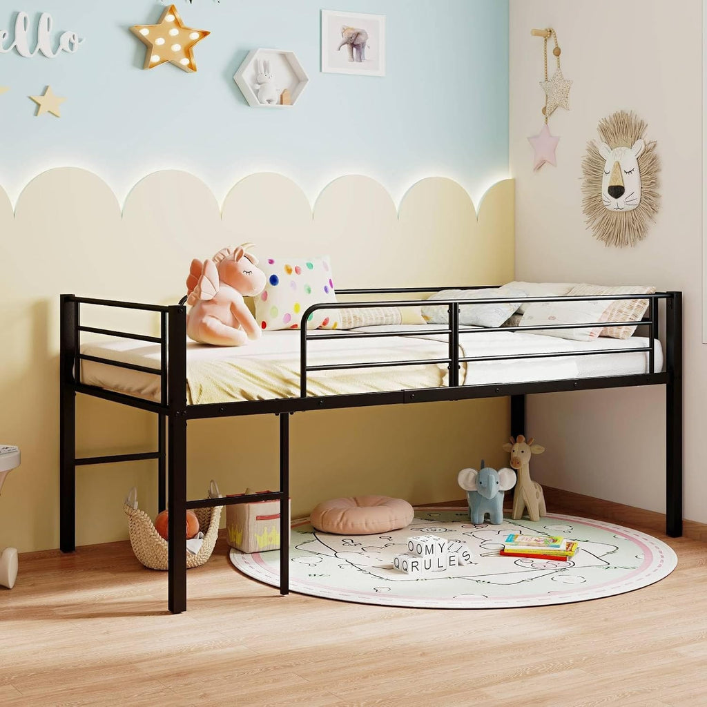 Metal Kids Bunk Bed, 3FT Children Loft Bed with Guardrails & 2 Ladders, Heavy Duty Toddler Bedframe for Boys Girls, No Box Spring Needed (Black)