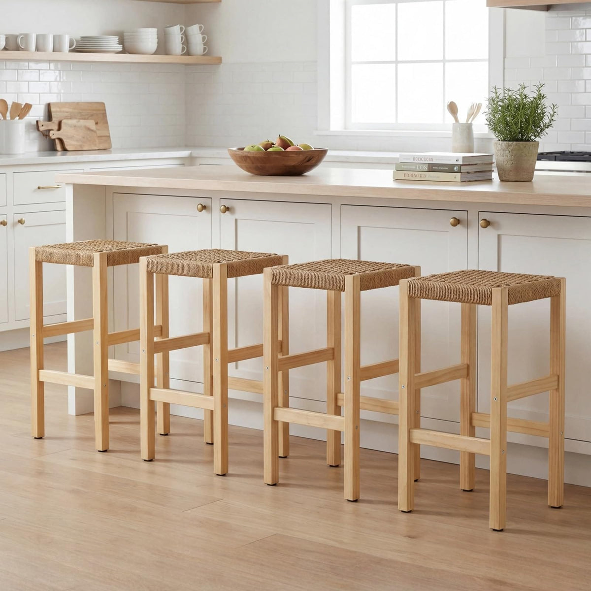 Shano chairus Woven Rope Bar Stools | Solid Wood Frame | Kitchen Counter Stools | 65cm | Set of 2 or 4