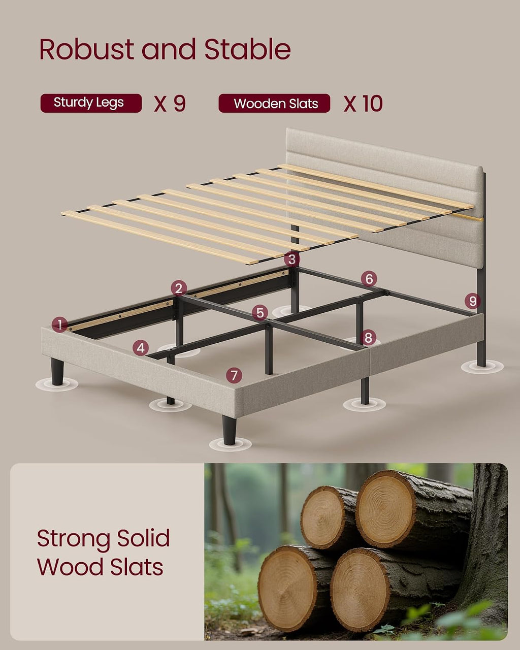 Upholstered Bed Frame | Adjustable Headboard | Metal Frame & Wooden Slats | Double & King