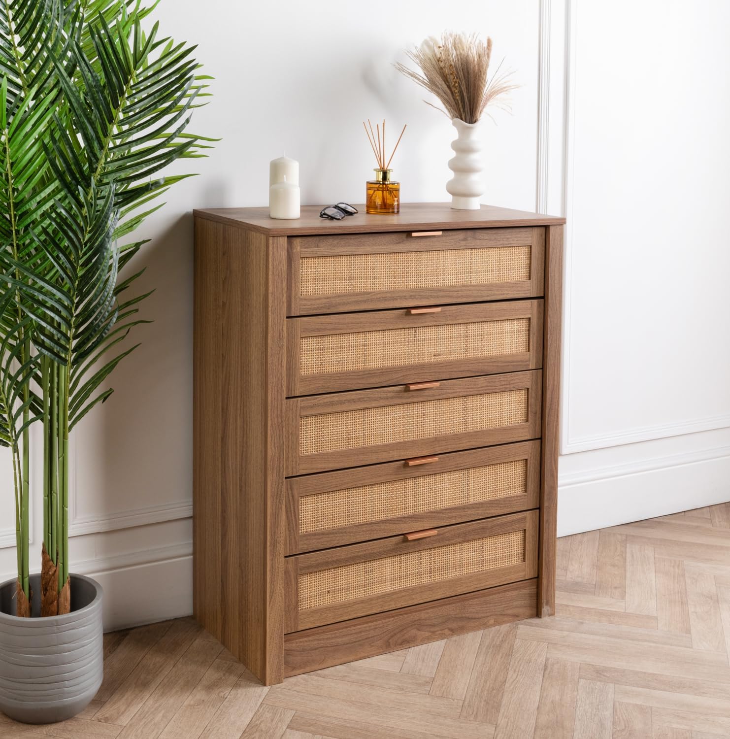 Rattan Chest of 5 Drawers | Wooden Frame | Scratch-Resistant | Bedroom, Living Room & Hallway