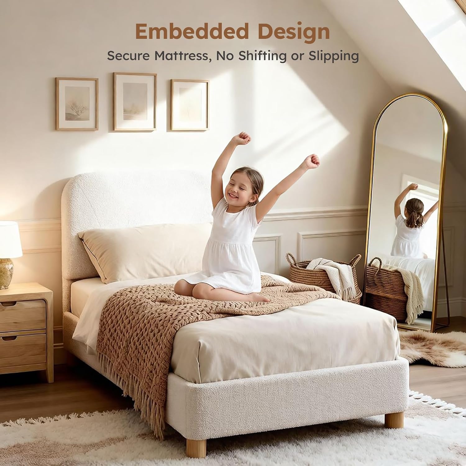 Boucle Cloud Bed Frame | Upholstered Adjustable Headboard | Solid Wood Legs | Double & King