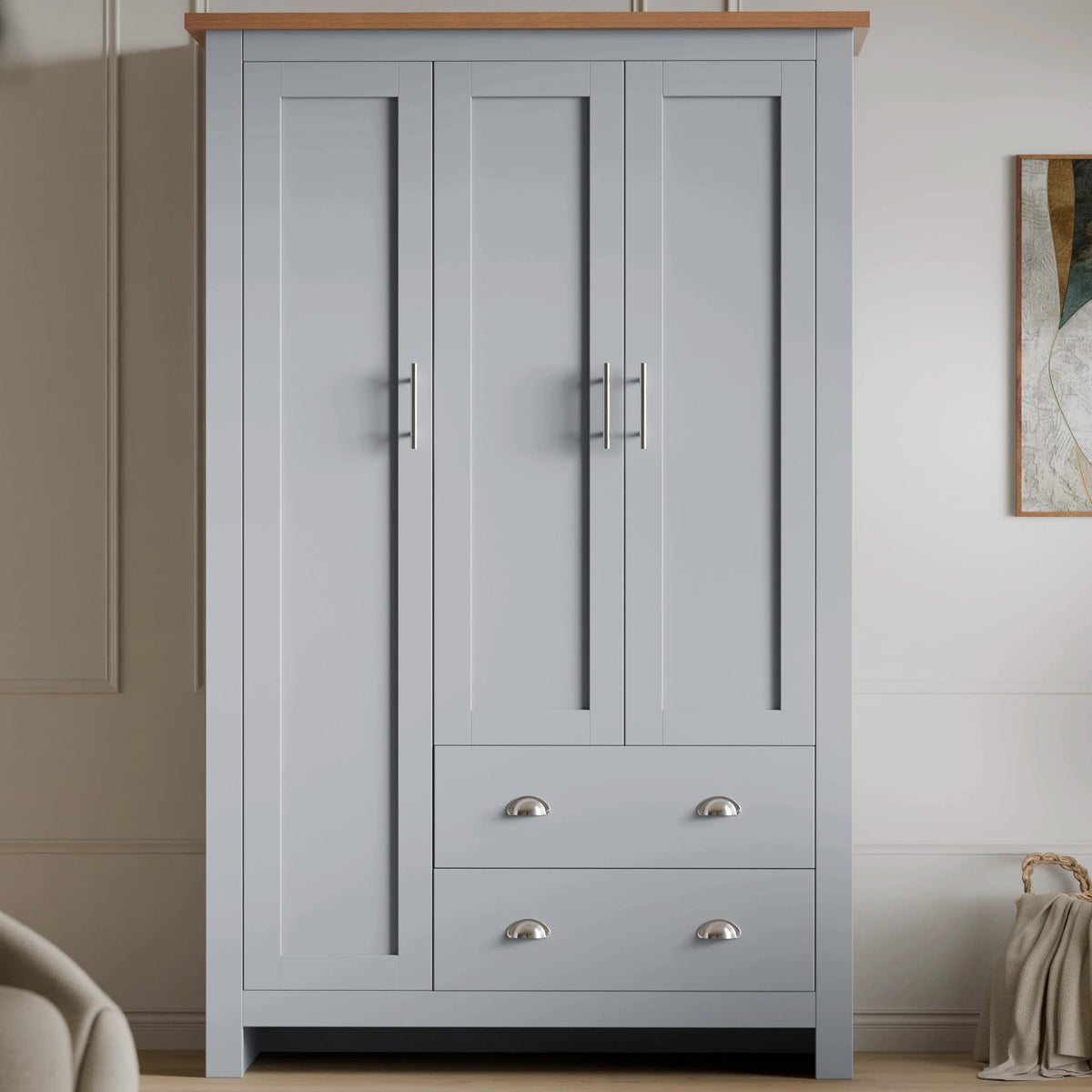 Shano 3 Door Wardrobe with Hanging Rail, 4 Shelves & 2 Drawers | White, Grey & Blue