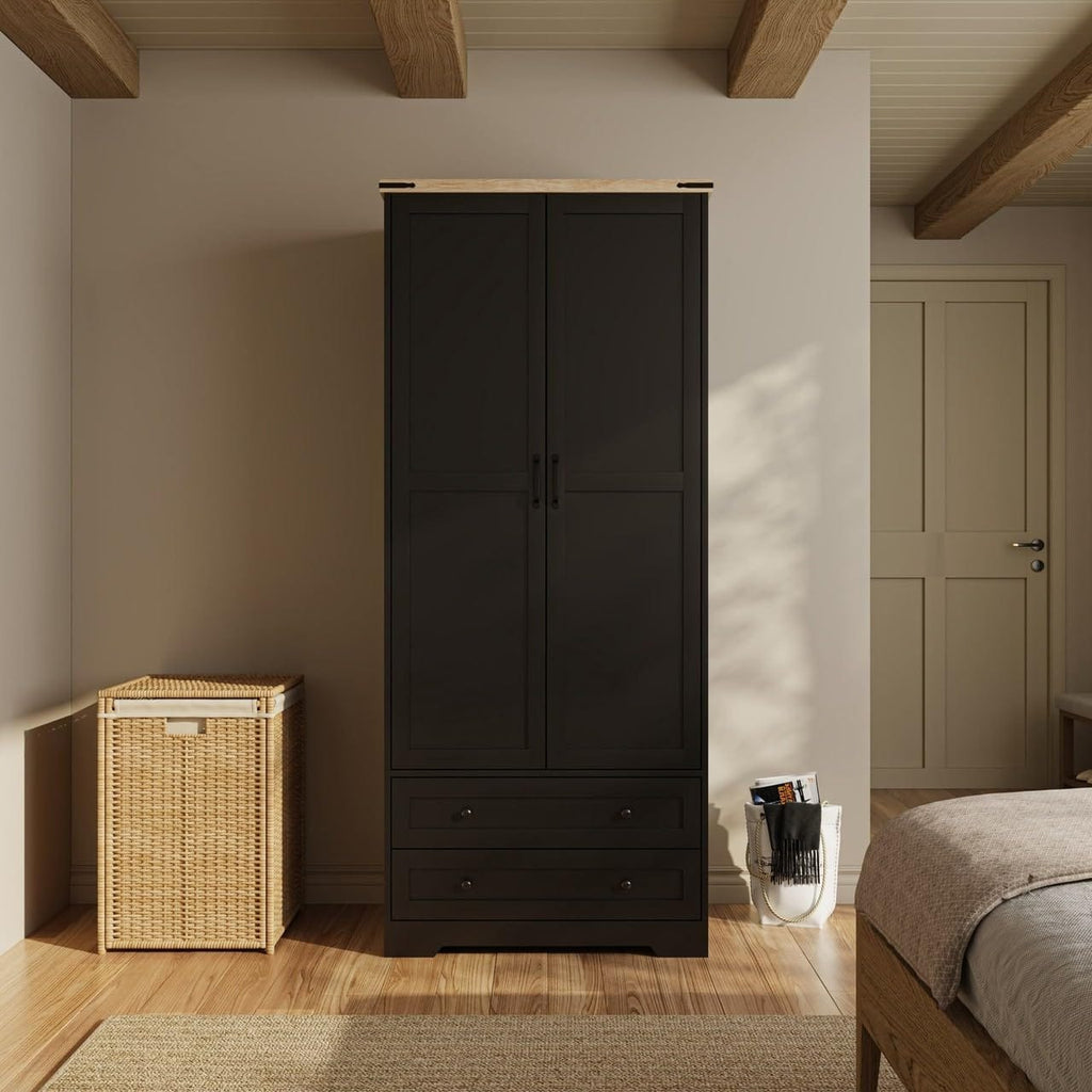 Shano Wardrobe with 3 Doors & 4 Drawers | White, Black, Grey & Oak