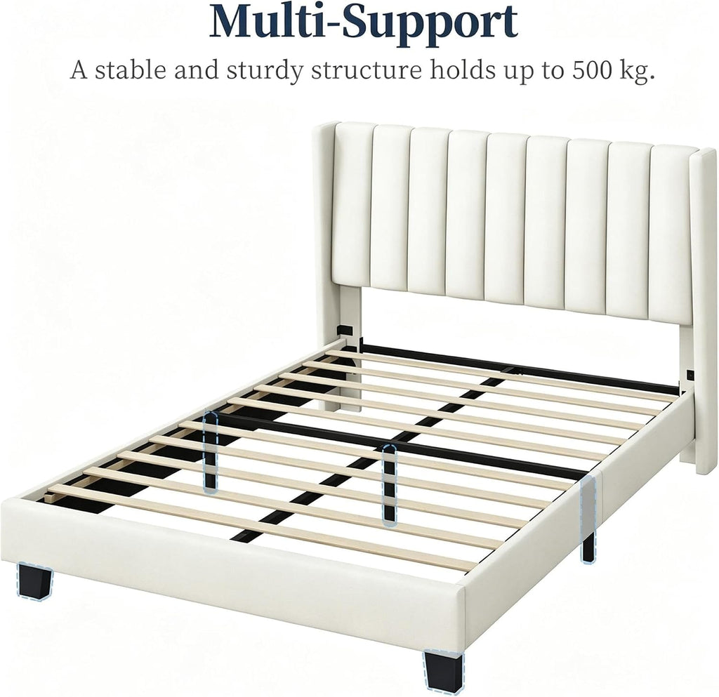 Shano Furniture Channel-Tufted Wing Bed Frame, Double, Beige