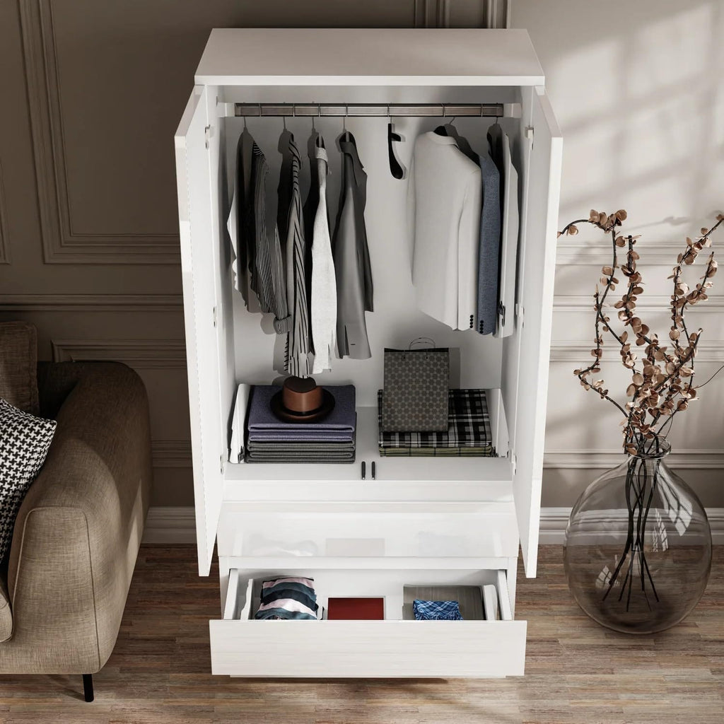 Shano High Gloss Wardrobe for Bedroom – White 2 Door & 2 Drawers Wooden Wardrobe with Hanging Rail, Modern Double Clothes Storage Cupboard Unit for Bedroom Furniture