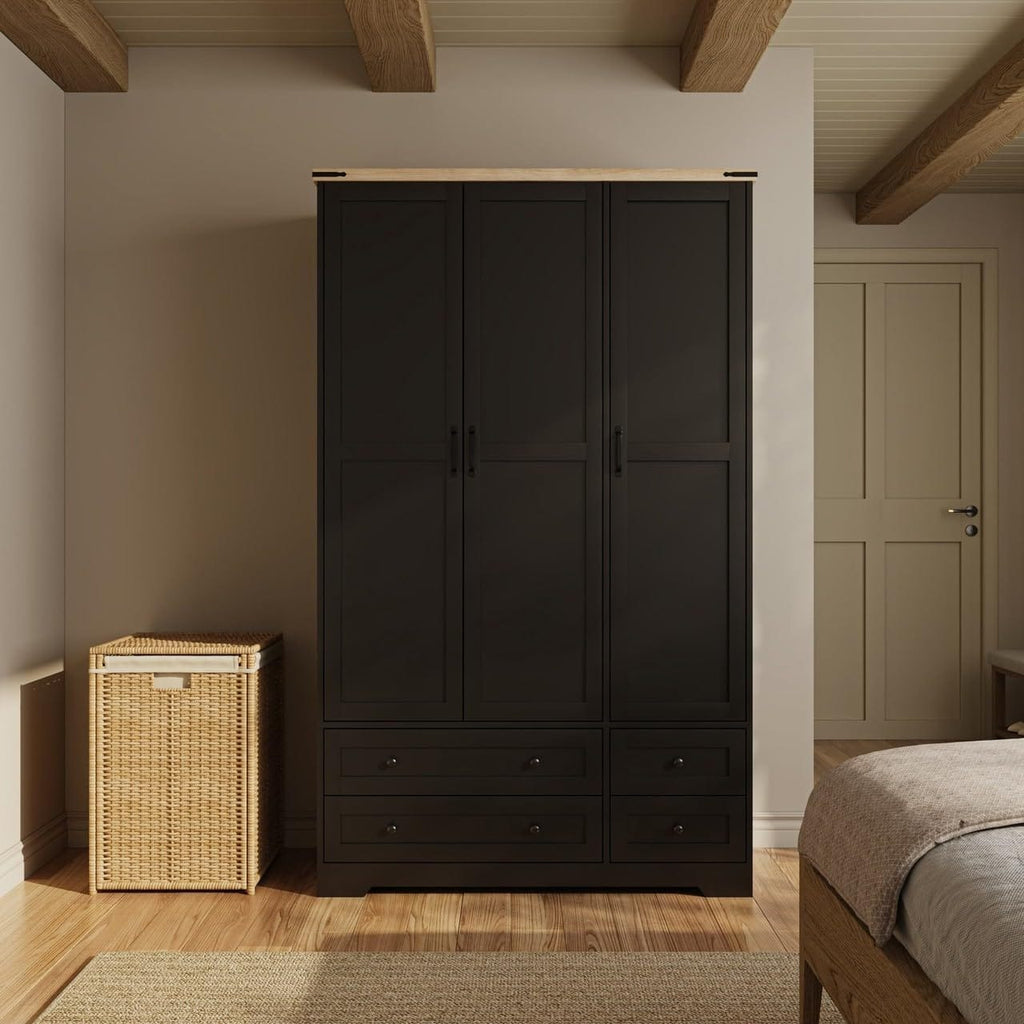 Shano Wardrobe with 3 Doors & 4 Drawers | White, Black, Grey & Oak