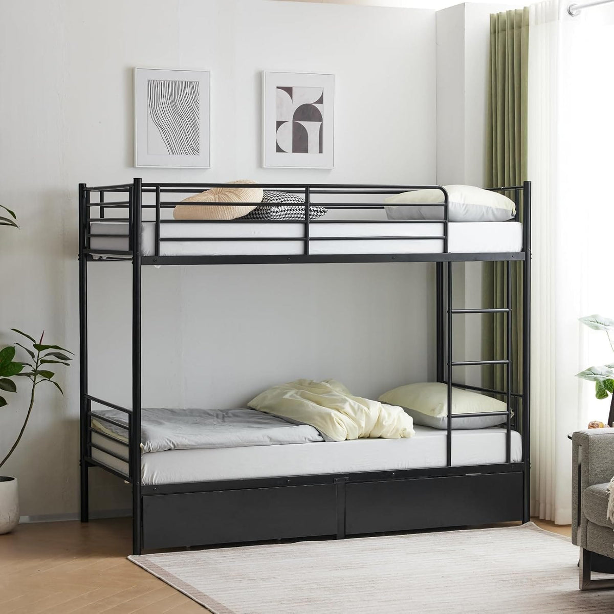 Heavy Duty Metal Bunk Bed Frame with 2 Storage Drawers
