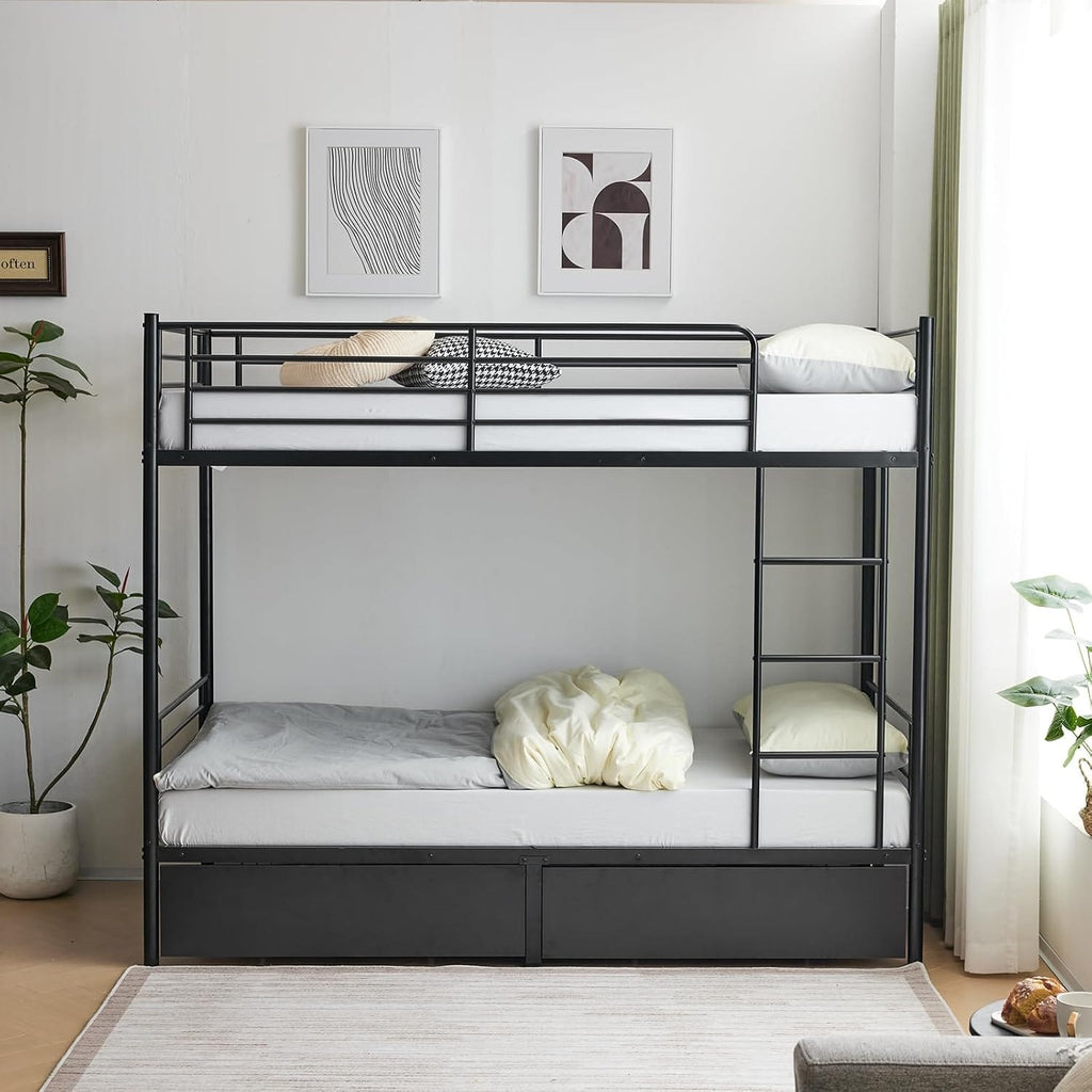 Heavy Duty Metal Bunk Bed Frame with 2 Storage Drawers