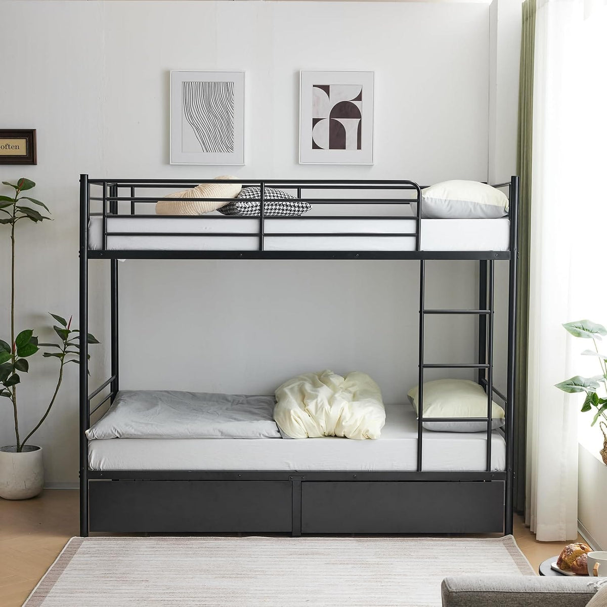 Heavy Duty Metal Bunk Bed Frame with 2 Storage Drawers