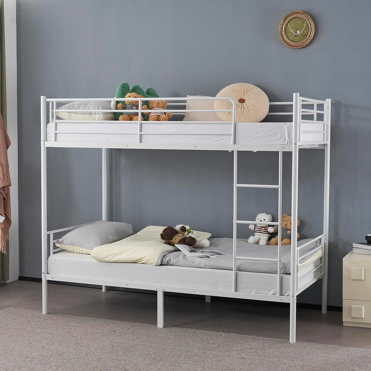 Heavy Duty Metal Bunk Bed Single over Single | Full-Length Guardrails | Optional Storage Drawers | Black & White