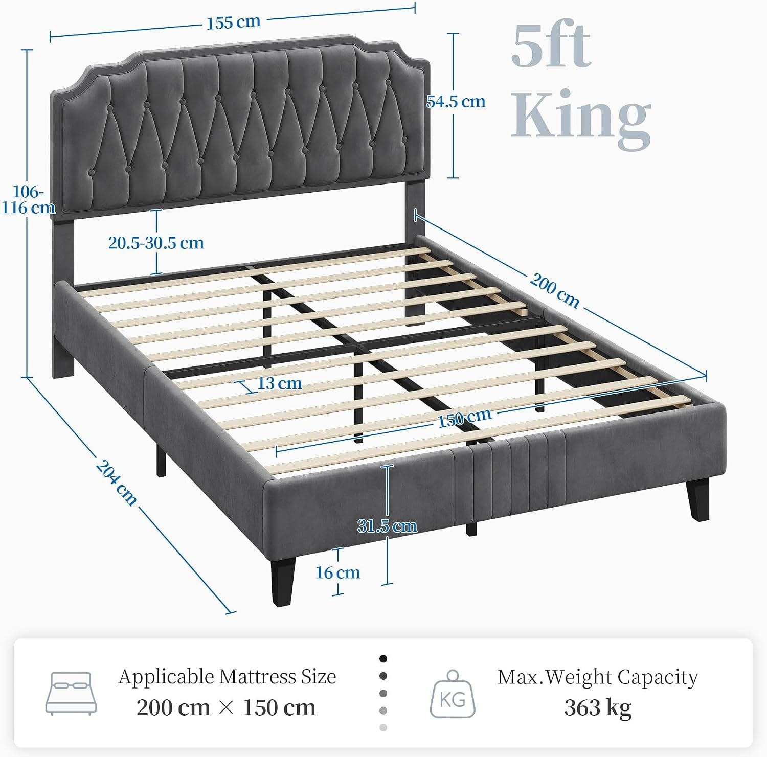 Velvet Upholstered Bed Frame | Button-Tufted Headboard | Wooden Slats | Double & King