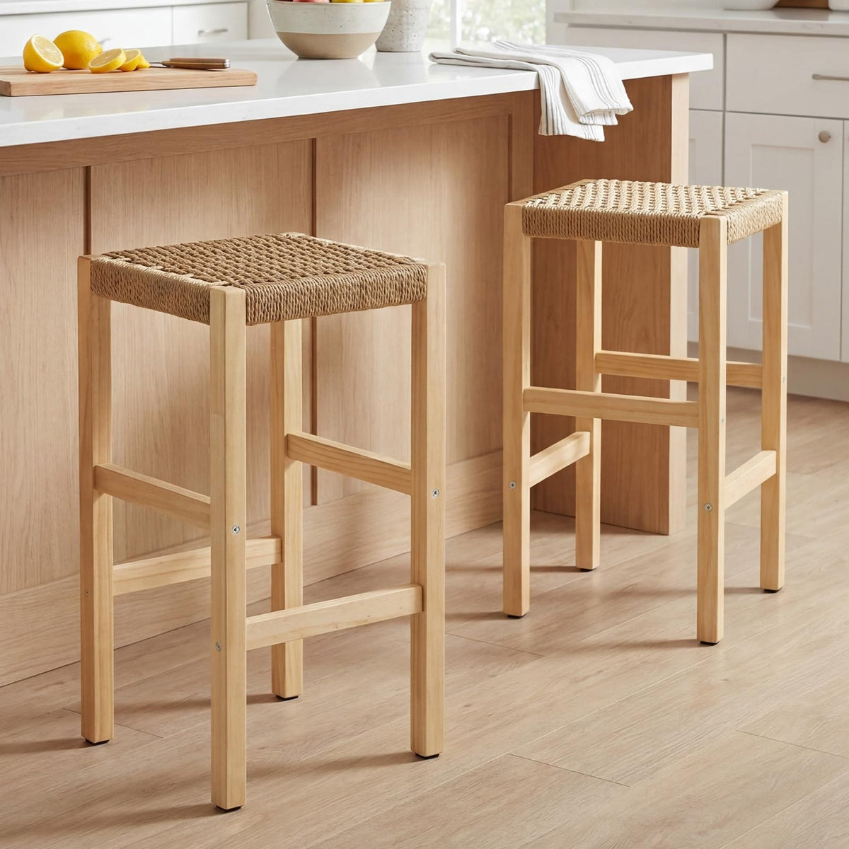 Shano chairus Woven Rope Bar Stools | Solid Wood Frame | Kitchen Counter Stools | 65cm | Set of 2 or 4