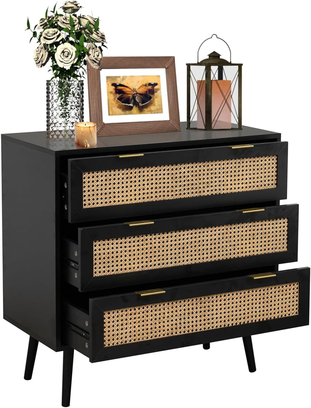 Black Rattan Chest of 3 Drawers | Real Rattan Fronts | Solid Pine Legs | Golden Handles | Bedroom & Living Room