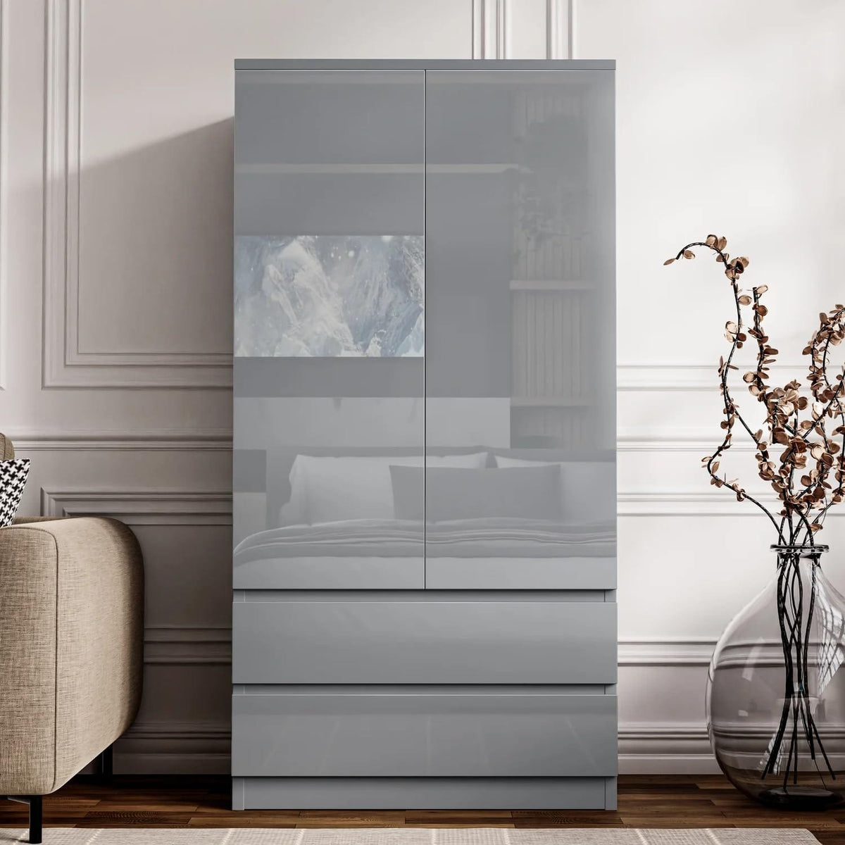 Shano High Gloss Wardrobe for Bedroom – White 2 Door & 2 Drawers Wooden Wardrobe with Hanging Rail, Modern Double Clothes Storage Cupboard Unit for Bedroom Furniture