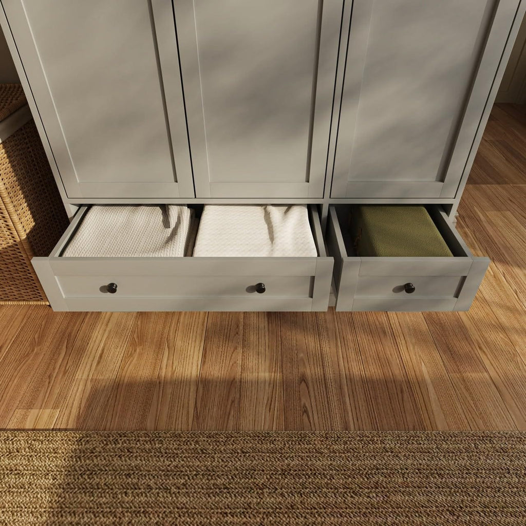 Shano Wardrobe with 3 Doors & 4 Drawers | White, Black, Grey & Oak