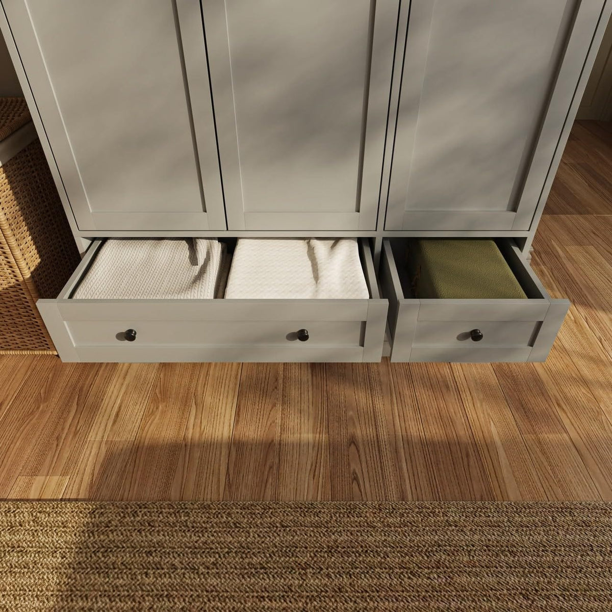 Shano Wardrobe with 3 Doors & 4 Drawers | White, Black, Grey & Oak