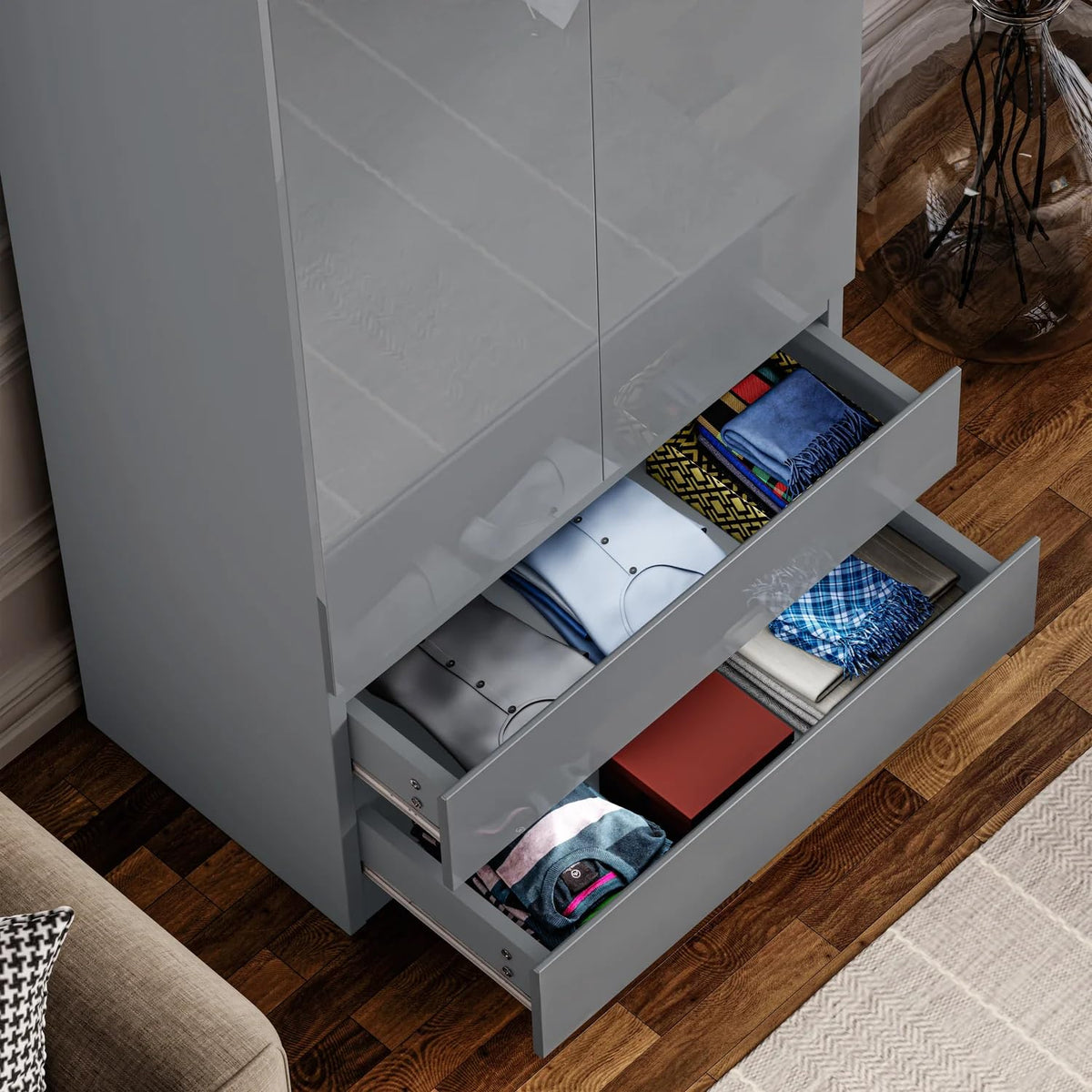Shano High Gloss Wardrobe for Bedroom – White 2 Door & 2 Drawers Wooden Wardrobe with Hanging Rail, Modern Double Clothes Storage Cupboard Unit for Bedroom Furniture
